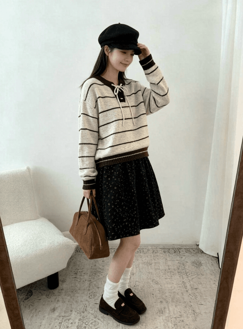 chic 한 부서 가을 레이스업 라운드 넥 스트라이프 패치워크 색상 루즈핏 느긋한 니트 스웨터 스웨터 경기 반신 스커트 투피스 세트 상세 이미지 1