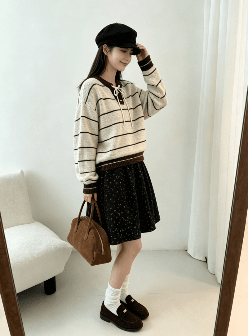 chic 한 부서 가을 레이스업 라운드 넥 스트라이프 패치워크 색상 루즈핏 느긋한 니트 스웨터 스웨터 경기 반신 스커트 투피스 세트 상세 이미지 2