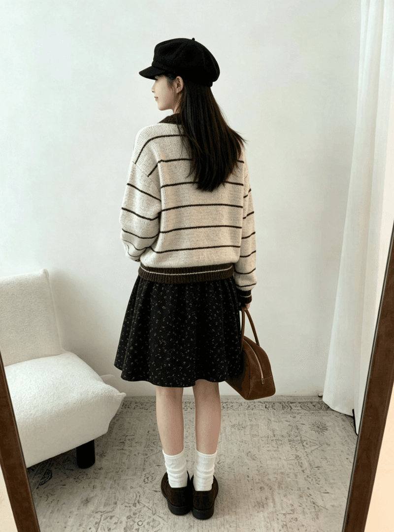 chic 한 부서 가을 레이스업 라운드 넥 스트라이프 패치워크 색상 루즈핏 느긋한 니트 스웨터 스웨터 경기 반신 스커트 투피스 세트 상세 이미지 3