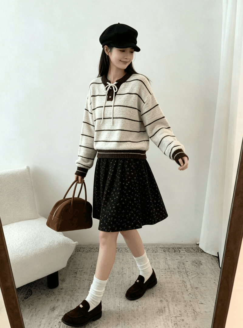 chic 한 부서 가을 레이스업 라운드 넥 스트라이프 패치워크 색상 루즈핏 느긋한 니트 스웨터 스웨터 경기 반신 스커트 투피스 세트 상세 이미지 4