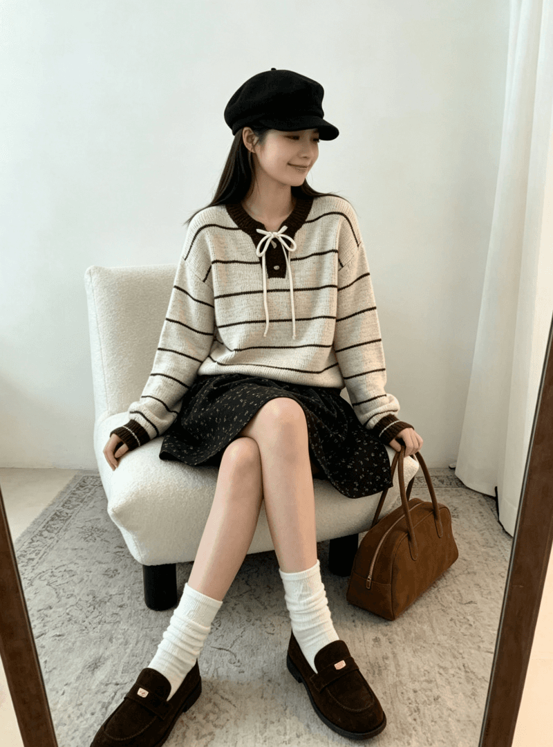 chic 한 부서 가을 레이스업 라운드 넥 스트라이프 패치워크 색상 루즈핏 느긋한 니트 스웨터 스웨터 경기 반신 스커트 투피스 세트 상세 이미지 5