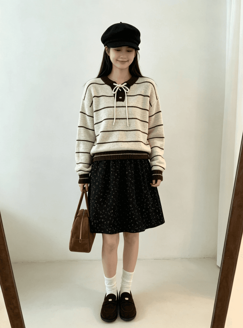 chic 한 부서 가을 레이스업 라운드 넥 스트라이프 패치워크 색상 루즈핏 느긋한 니트 스웨터 스웨터 경기 반신 스커트 투피스 세트 상세 이미지 6