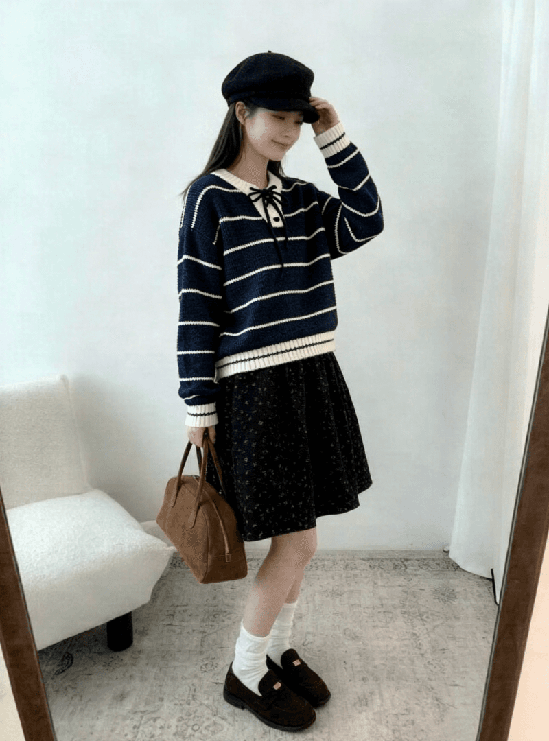 chic 한 부서 가을 레이스업 라운드 넥 스트라이프 패치워크 색상 루즈핏 느긋한 니트 스웨터 스웨터 경기 반신 스커트 투피스 세트 상세 이미지 7