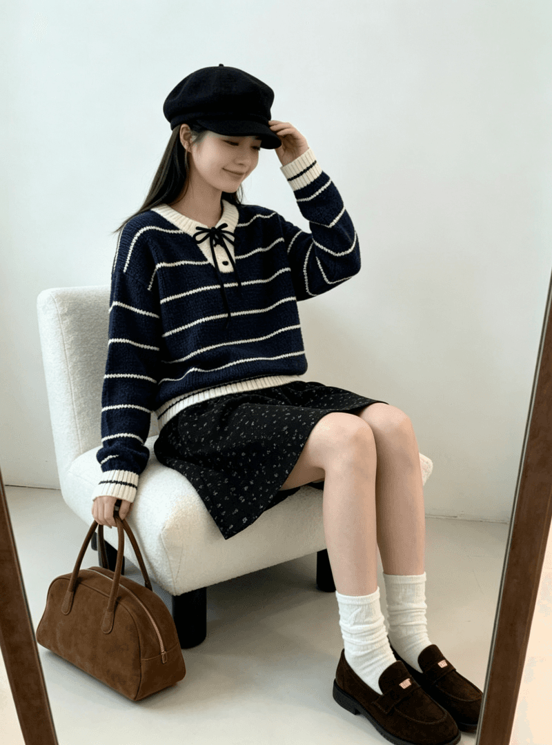chic 한 부서 가을 레이스업 라운드 넥 스트라이프 패치워크 색상 루즈핏 느긋한 니트 스웨터 스웨터 경기 반신 스커트 투피스 세트 상세 이미지 8