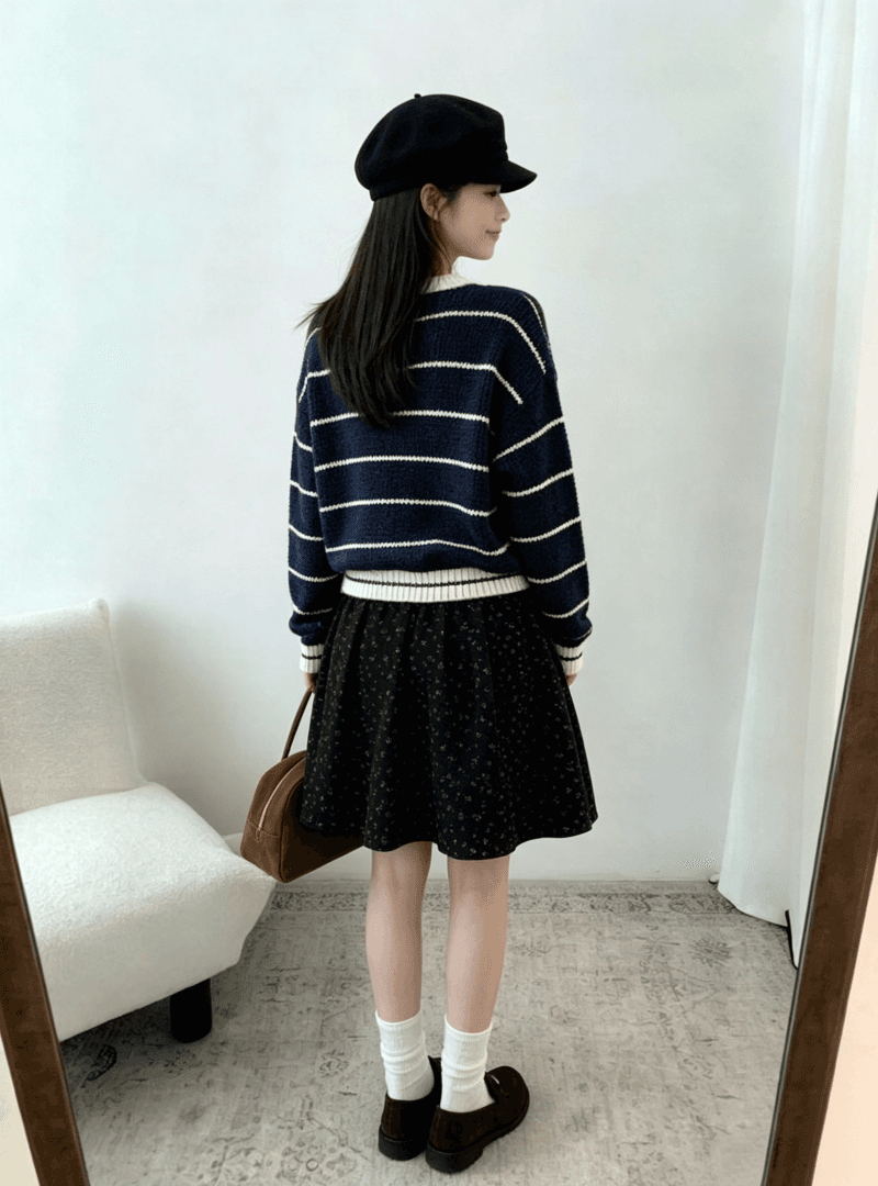 chic 한 부서 가을 레이스업 라운드 넥 스트라이프 패치워크 색상 루즈핏 느긋한 니트 스웨터 스웨터 경기 반신 스커트 투피스 세트 상세 이미지 9