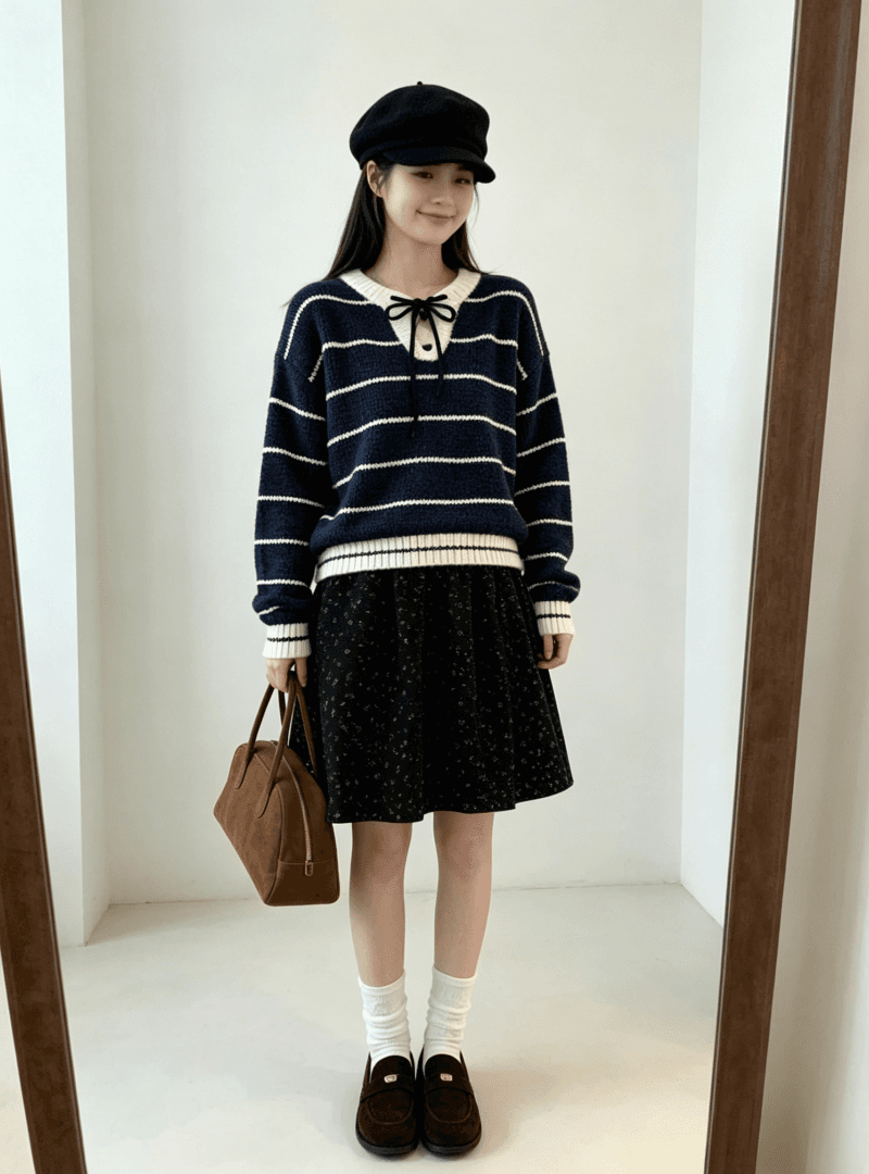 chic 한 부서 가을 레이스업 라운드 넥 스트라이프 패치워크 색상 루즈핏 느긋한 니트 스웨터 스웨터 경기 반신 스커트 투피스 세트 상세 이미지 10
