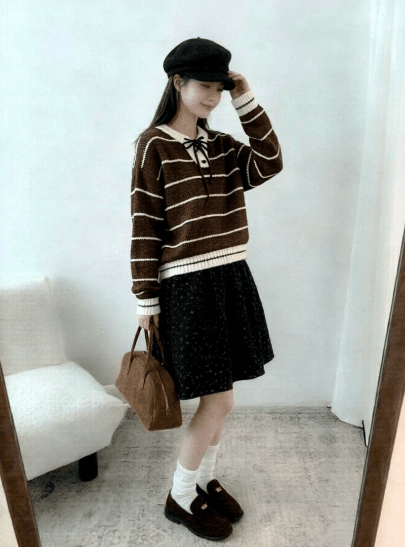 chic 한 부서 가을 레이스업 라운드 넥 스트라이프 패치워크 색상 루즈핏 느긋한 니트 스웨터 스웨터 경기 반신 스커트 투피스 세트 상세 이미지 13
