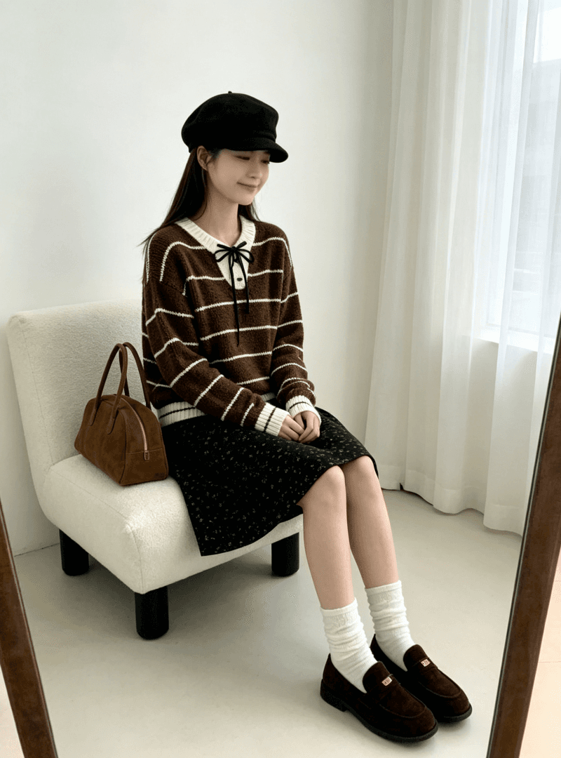 chic 한 부서 가을 레이스업 라운드 넥 스트라이프 패치워크 색상 루즈핏 느긋한 니트 스웨터 스웨터 경기 반신 스커트 투피스 세트 상세 이미지 14