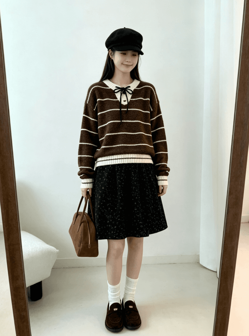 chic 한 부서 가을 레이스업 라운드 넥 스트라이프 패치워크 색상 루즈핏 느긋한 니트 스웨터 스웨터 경기 반신 스커트 투피스 세트 상세 이미지 17