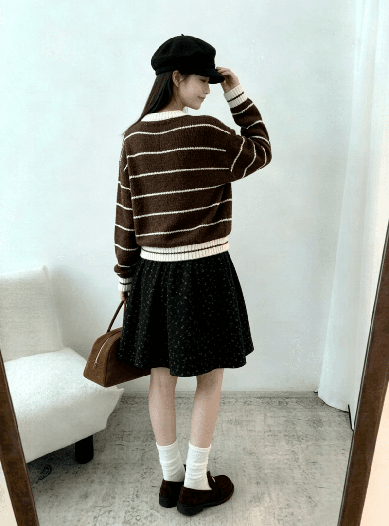 chic 한 부서 가을 레이스업 라운드 넥 스트라이프 패치워크 색상 루즈핏 느긋한 니트 스웨터 스웨터 경기 반신 스커트 투피스 세트 상세 이미지 18