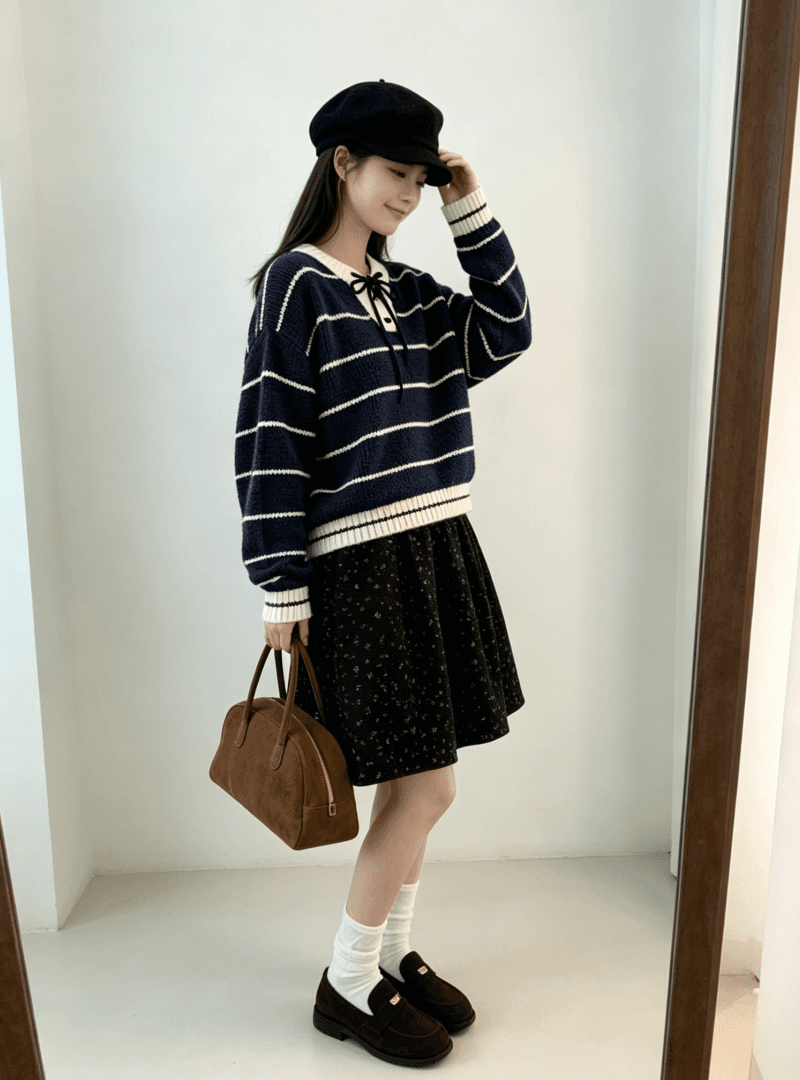 chic 한 부서 가을 레이스업 라운드 넥 스트라이프 패치워크 색상 루즈핏 느긋한 니트 스웨터 스웨터 경기 반신 스커트 투피스 세트 이미지 2