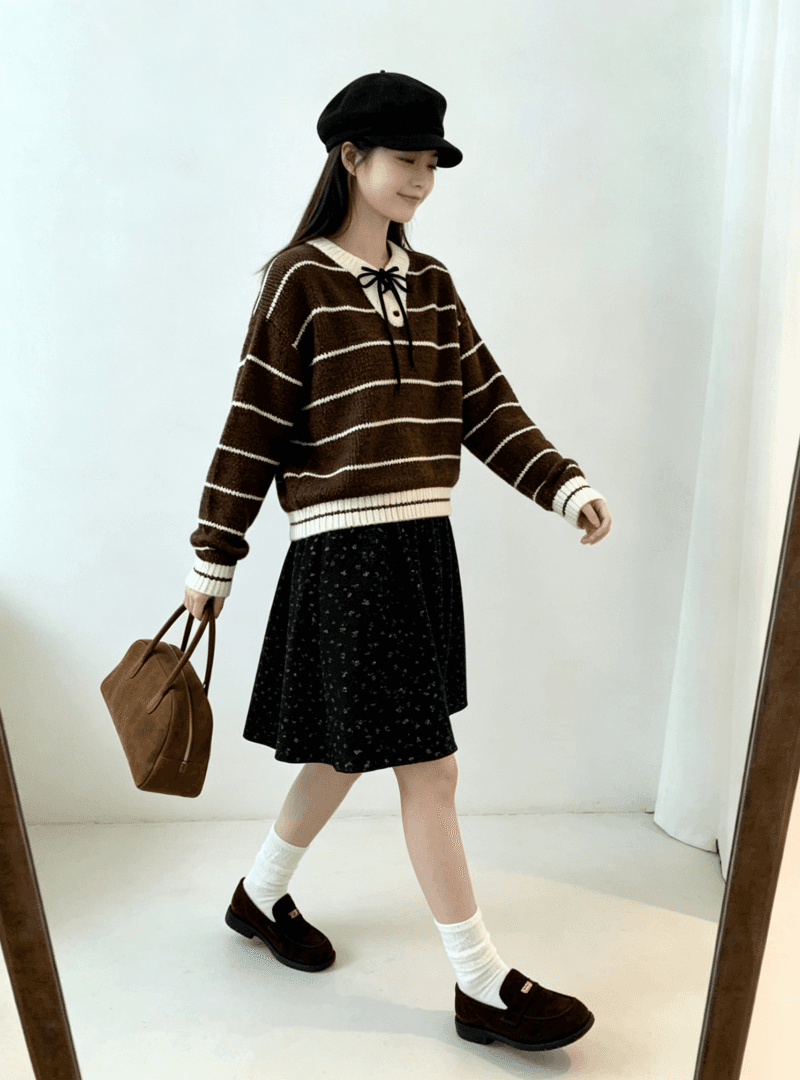 chic 한 부서 가을 레이스업 라운드 넥 스트라이프 패치워크 색상 루즈핏 느긋한 니트 스웨터 스웨터 경기 반신 스커트 투피스 세트 이미지 3