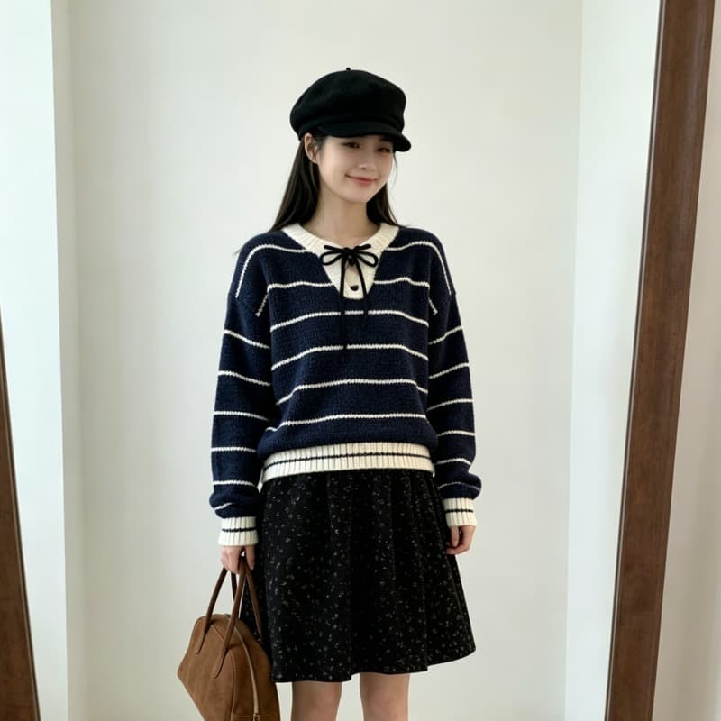 chic 한 부서 가을 레이스업 라운드 넥 스트라이프 패치워크 색상 루즈핏 느긋한 니트 스웨터 스웨터 경기 반신 스커트 투피스 세트 이미지 5