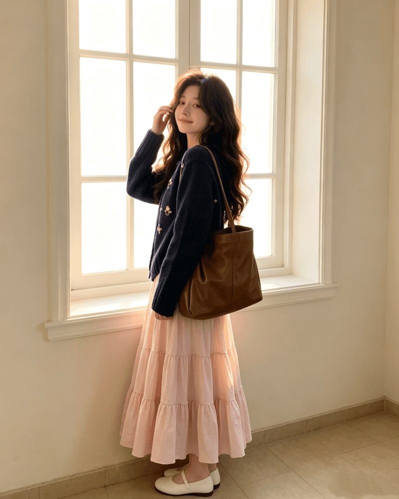 한국 chic 레트로 장미 자수 무거운 작업 3 차원 높은 품질 스웨터 오픈 가디건 가져 가라. 핑크색 반신 스커트 투피스 세트 상세 이미지 1