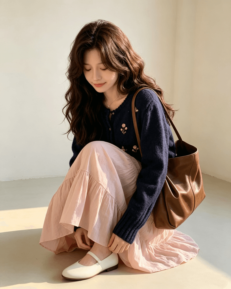 한국 chic 레트로 장미 자수 무거운 작업 3 차원 높은 품질 스웨터 오픈 가디건 가져 가라. 핑크색 반신 스커트 투피스 세트 상세 이미지 7