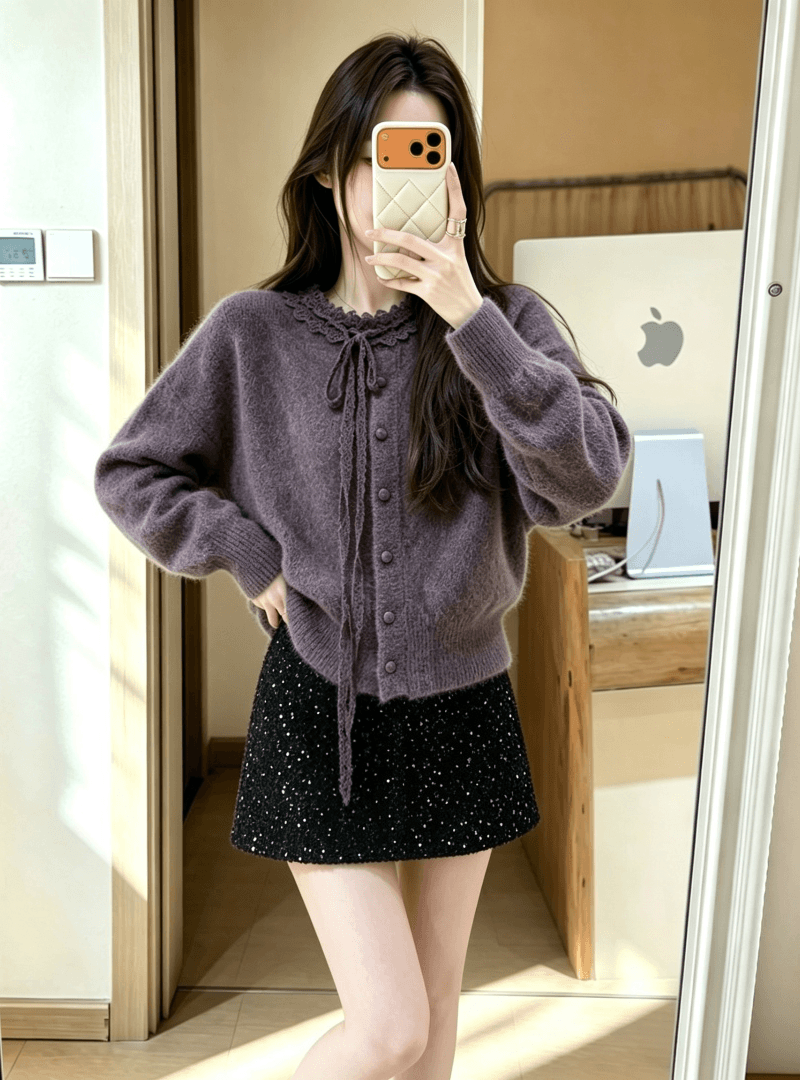 한 부서 레이스 레이스업 만나는 니트 오픈 가디건 여성 가을 겨울 고유 한 자이언트 잘 생긴 스웨터 가져 가라. 스팽글 반신 치마 세트