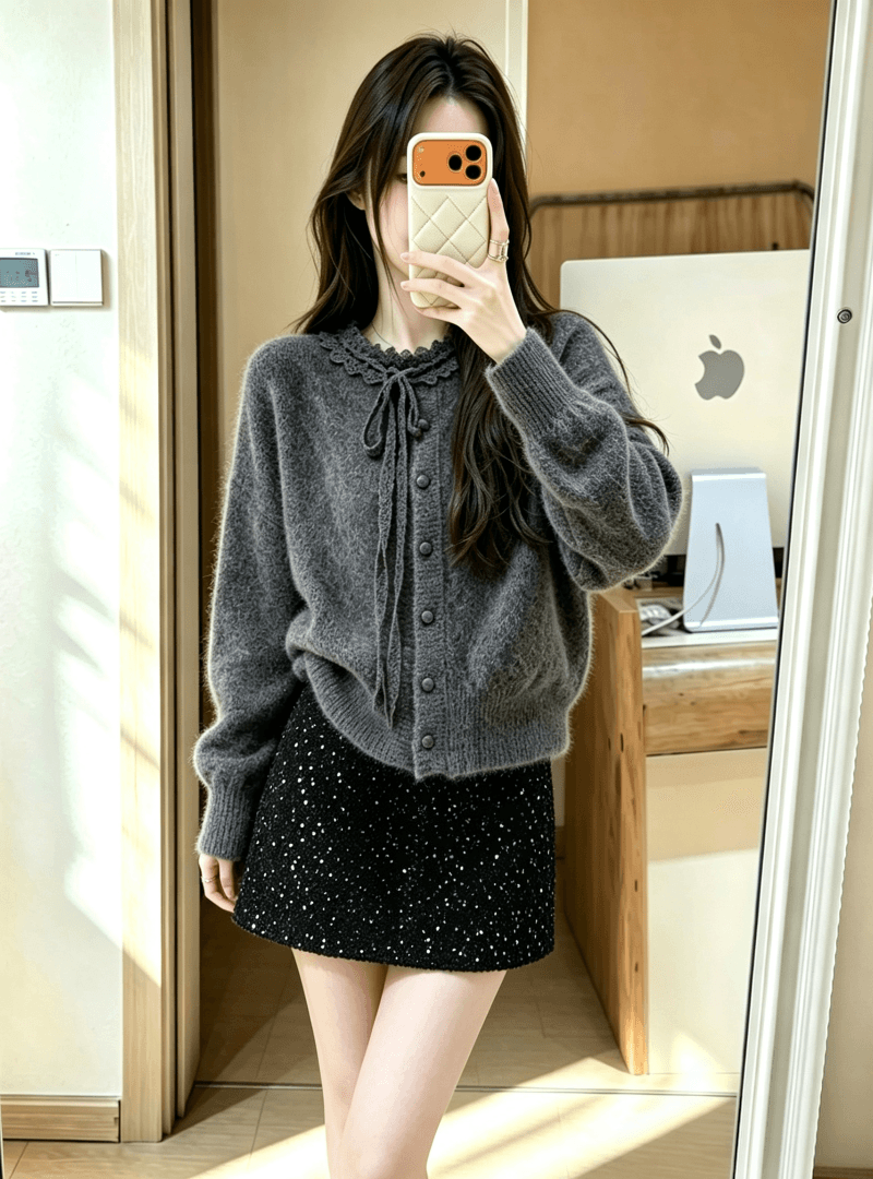 한 부서 레이스 레이스업 만나는 니트 오픈 가디건 여성 가을 겨울 고유 한 자이언트 잘 생긴 스웨터 가져 가라. 스팽글 반신 치마 세트 이미지 3