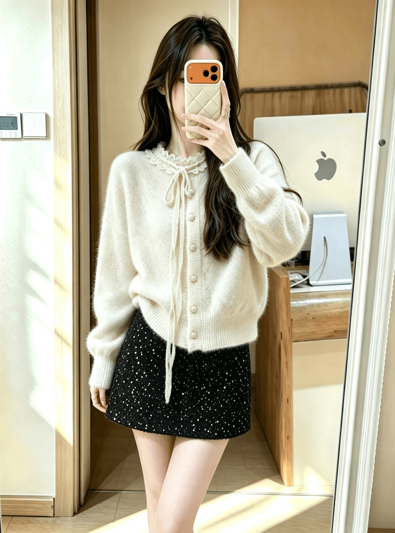 한 부서 레이스 레이스업 만나는 니트 오픈 가디건 여성 가을 겨울 고유 한 자이언트 잘 생긴 스웨터 가져 가라. 스팽글 반신 치마 세트 이미지 4