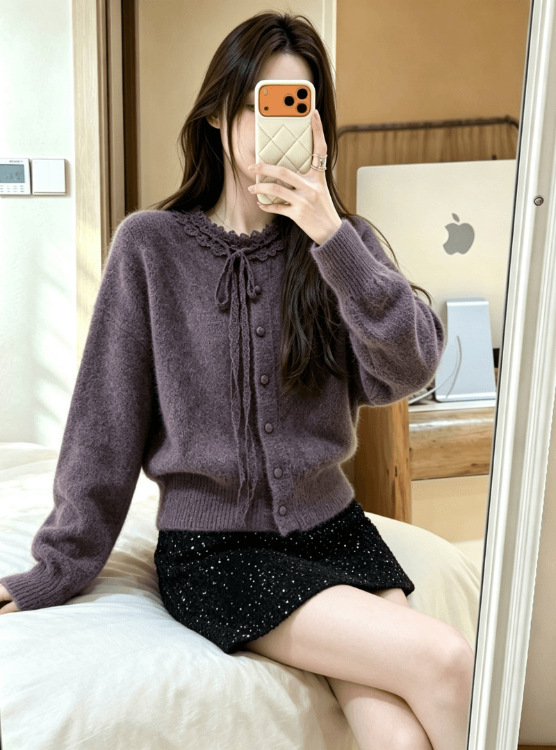 한 부서 레이스 레이스업 만나는 니트 오픈 가디건 여성 가을 겨울 고유 한 자이언트 잘 생긴 스웨터 가져 가라. 스팽글 반신 치마 세트 상세 이미지 1