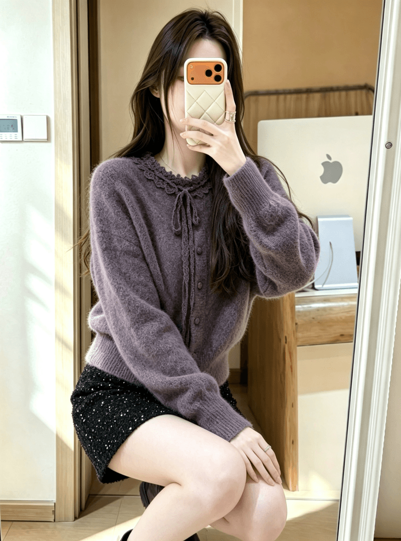 한 부서 레이스 레이스업 만나는 니트 오픈 가디건 여성 가을 겨울 고유 한 자이언트 잘 생긴 스웨터 가져 가라. 스팽글 반신 치마 세트 상세 이미지 2
