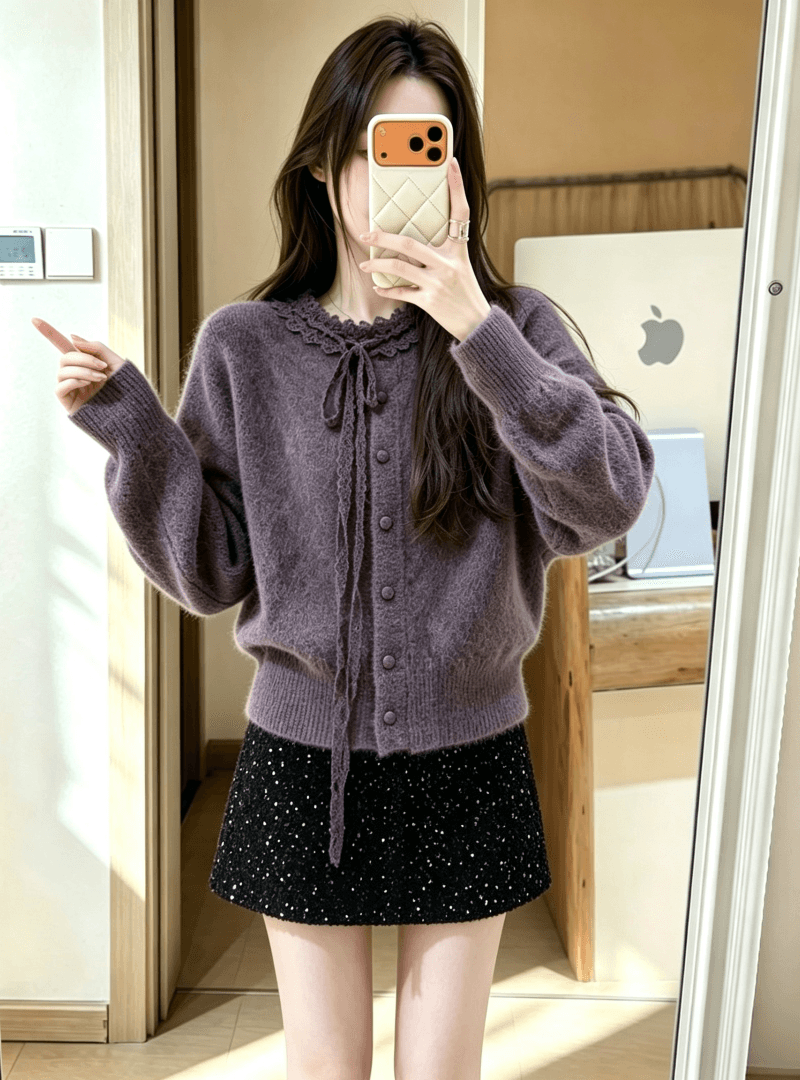 한 부서 레이스 레이스업 만나는 니트 오픈 가디건 여성 가을 겨울 고유 한 자이언트 잘 생긴 스웨터 가져 가라. 스팽글 반신 치마 세트 상세 이미지 3
