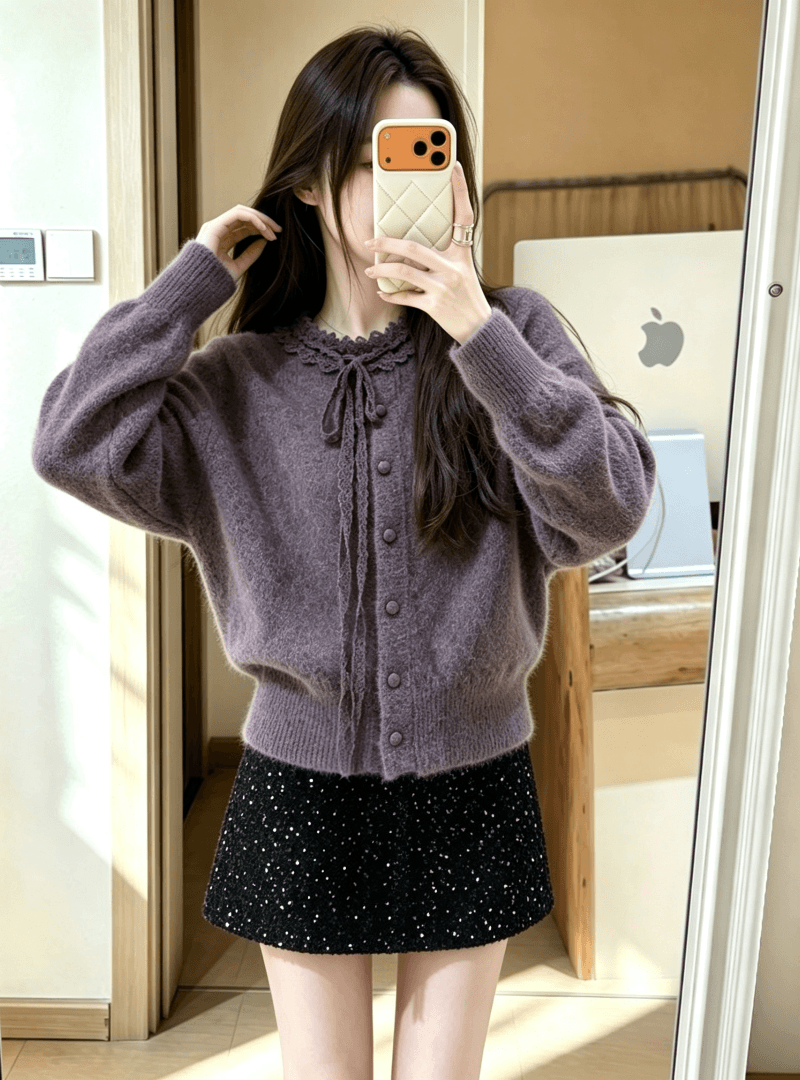한 부서 레이스 레이스업 만나는 니트 오픈 가디건 여성 가을 겨울 고유 한 자이언트 잘 생긴 스웨터 가져 가라. 스팽글 반신 치마 세트 상세 이미지 4