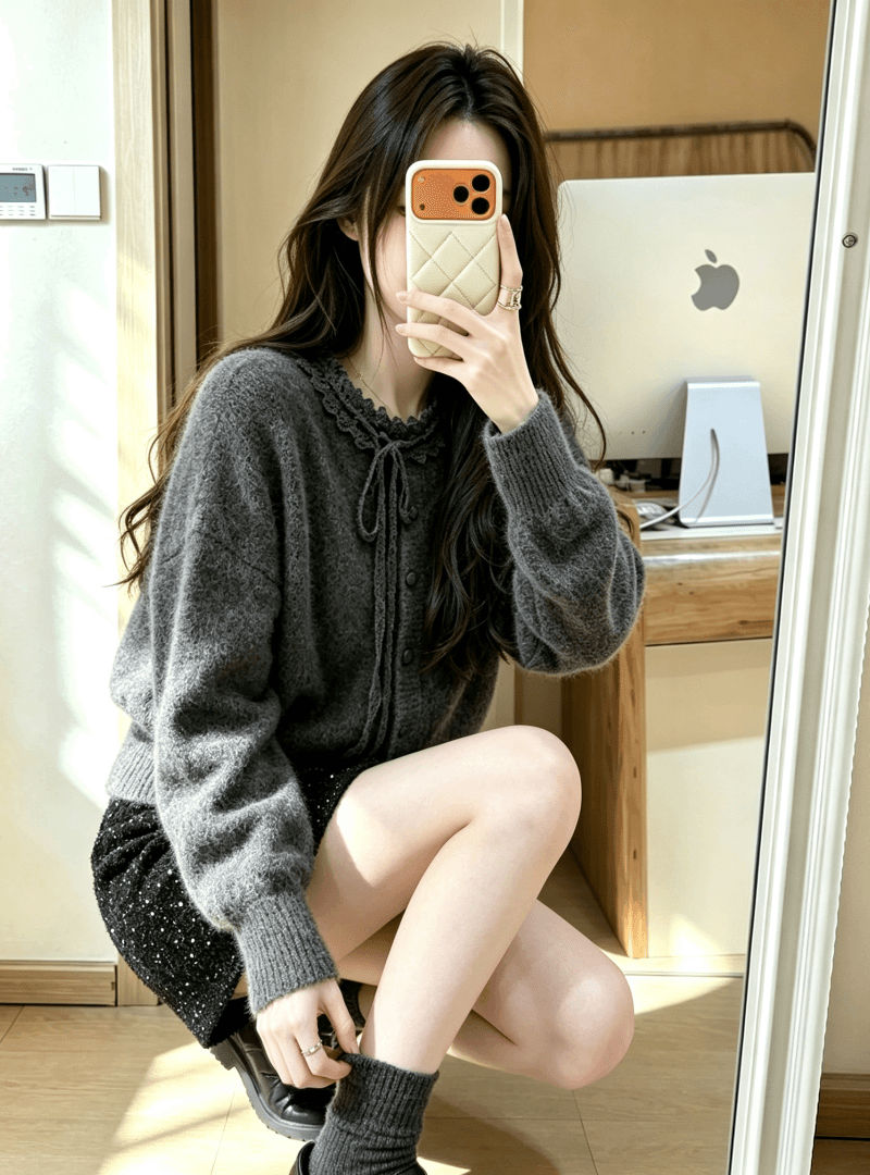 한 부서 레이스 레이스업 만나는 니트 오픈 가디건 여성 가을 겨울 고유 한 자이언트 잘 생긴 스웨터 가져 가라. 스팽글 반신 치마 세트 상세 이미지 8