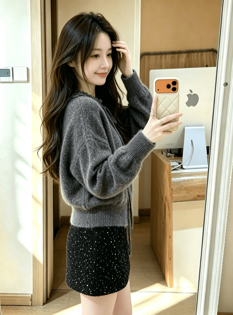 한 부서 레이스 레이스업 만나는 니트 오픈 가디건 여성 가을 겨울 고유 한 자이언트 잘 생긴 스웨터 가져 가라. 스팽글 반신 치마 세트 상세 이미지 10