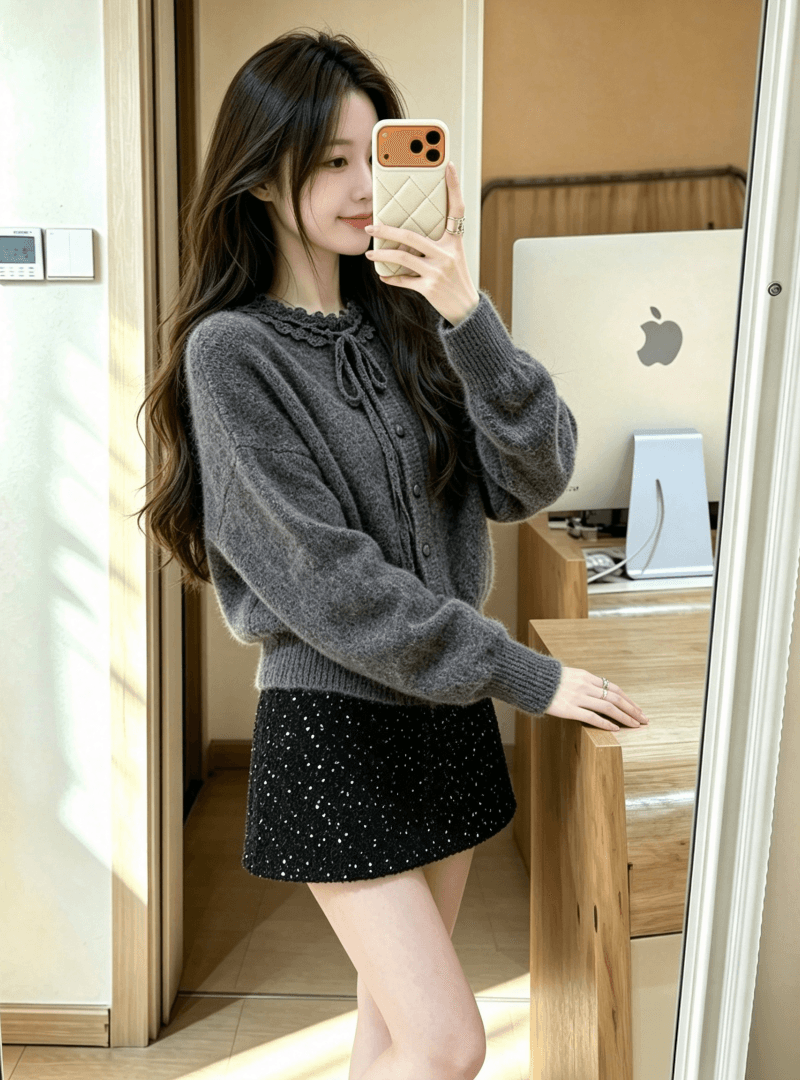 한 부서 레이스 레이스업 만나는 니트 오픈 가디건 여성 가을 겨울 고유 한 자이언트 잘 생긴 스웨터 가져 가라. 스팽글 반신 치마 세트 상세 이미지 11
