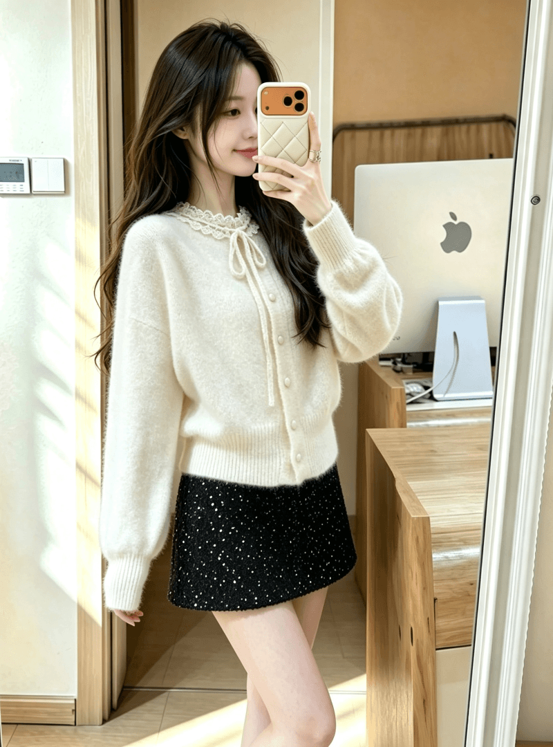 한 부서 레이스 레이스업 만나는 니트 오픈 가디건 여성 가을 겨울 고유 한 자이언트 잘 생긴 스웨터 가져 가라. 스팽글 반신 치마 세트 상세 이미지 14