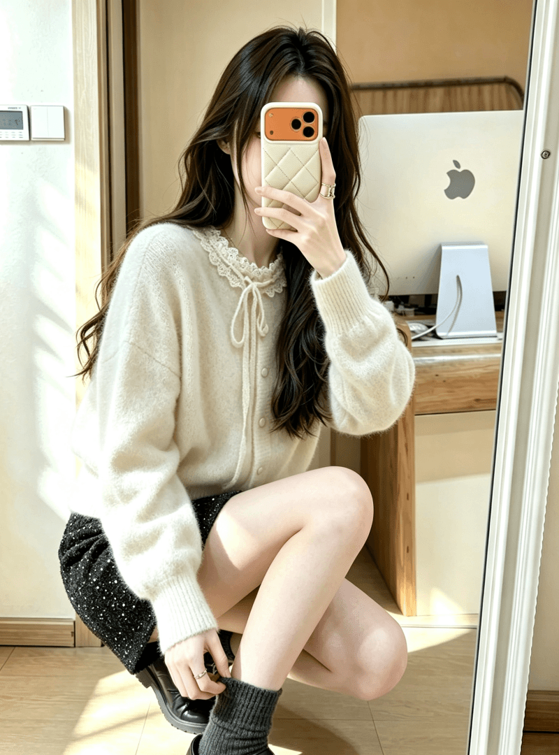 한 부서 레이스 레이스업 만나는 니트 오픈 가디건 여성 가을 겨울 고유 한 자이언트 잘 생긴 스웨터 가져 가라. 스팽글 반신 치마 세트 상세 이미지 15