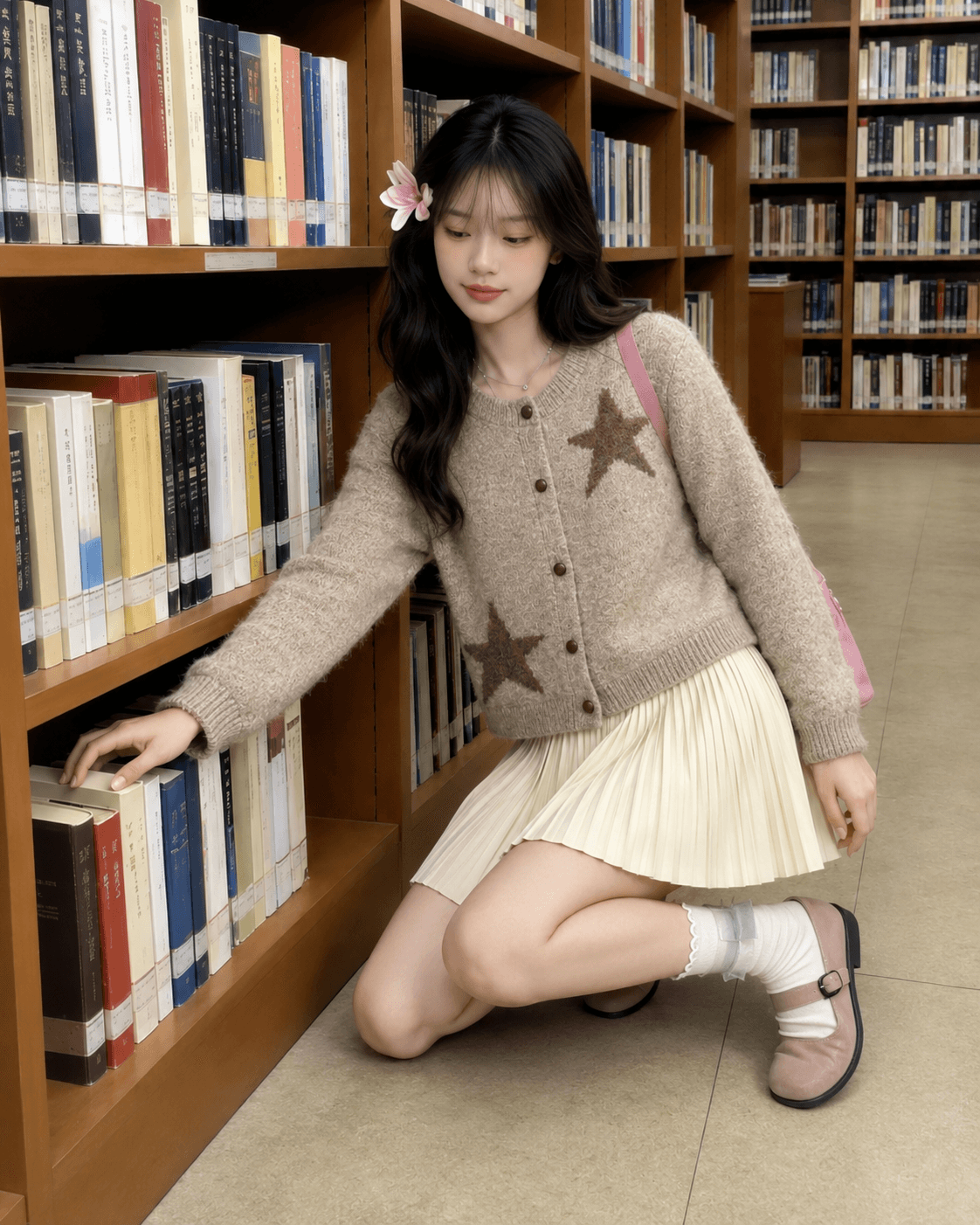 2026 한국 스타일 chic 별 자카드 배색 니트 스웨터 오픈 가디건 여성 코디 반신 플리츠 스커트 투피스 세트 이미지 3