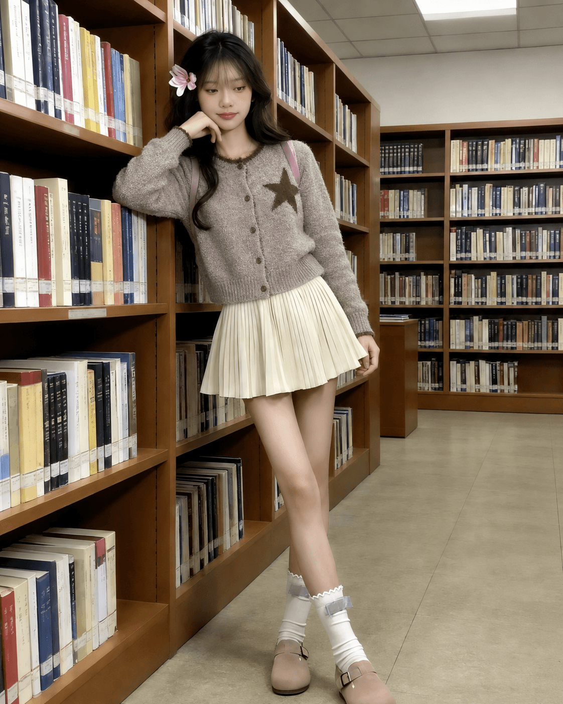 2026 한국 스타일 chic 별 자카드 배색 니트 스웨터 오픈 가디건 여성 코디 반신 플리츠 스커트 투피스 세트 상세 이미지 1