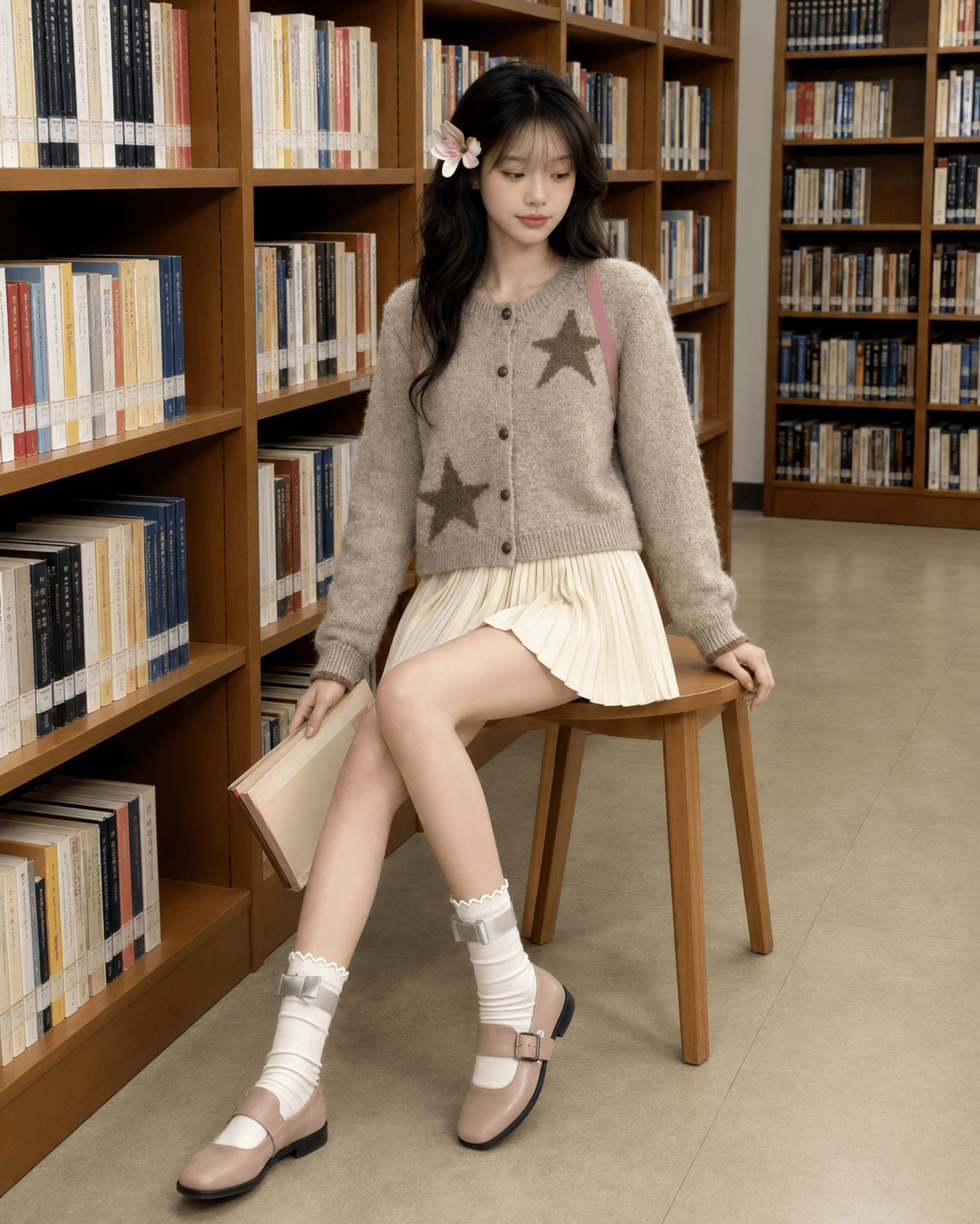 2026 한국 스타일 chic 별 자카드 배색 니트 스웨터 오픈 가디건 여성 코디 반신 플리츠 스커트 투피스 세트 상세 이미지 2