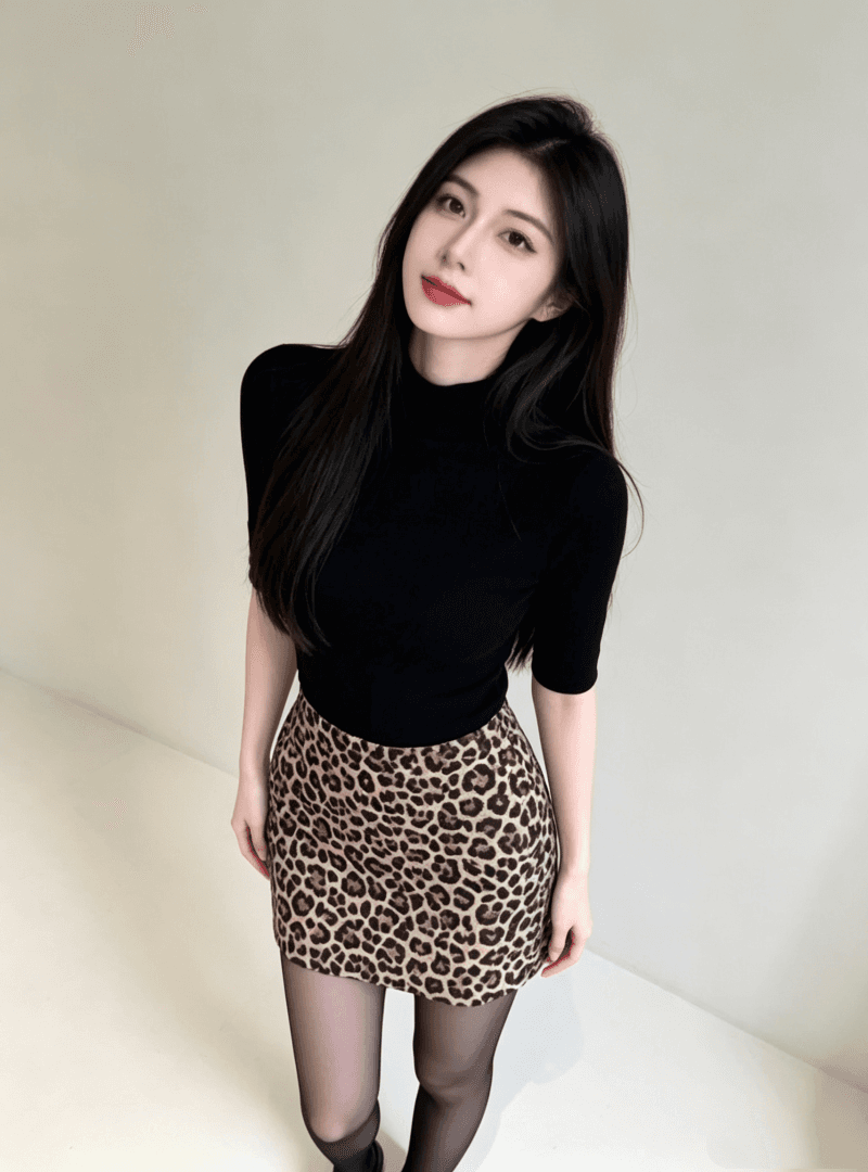2026 핫걸 바람 검정색 반하이넥 니트 맨위 여성 여름 새로운 고유 한 차가운 레오파드 무늬 반신 치마 세트 상세 이미지 4