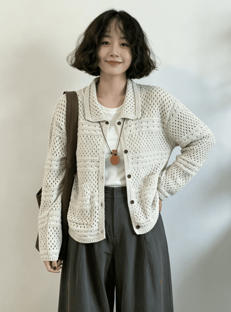 한국 가을 홀로우 아웃 폴로 칼라 니트 스웨터 오픈 가디건 부드러운 연령 감소 느긋한 바람 캐주얼 다용도 스웨터 코트 맨위 상세 이미지 1