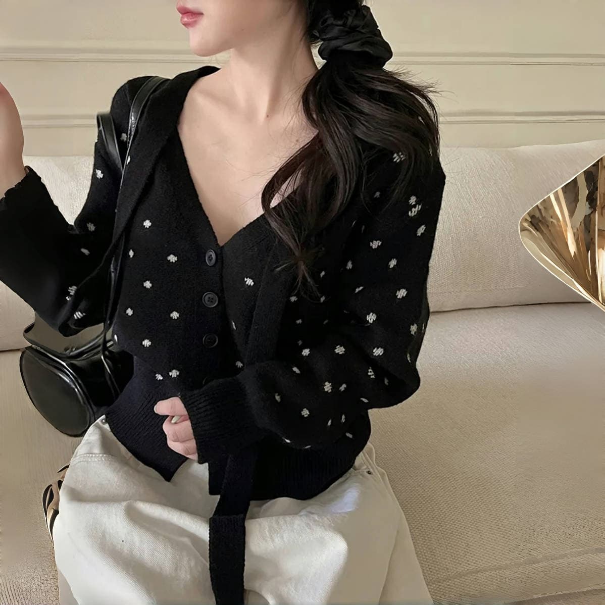 한국 스타일 chic 작은 대중 리본 도트 무늬 단추 루즈핏 라운드 넥 오픈 가디건 긴팔 스웨터 여자 이미지 4