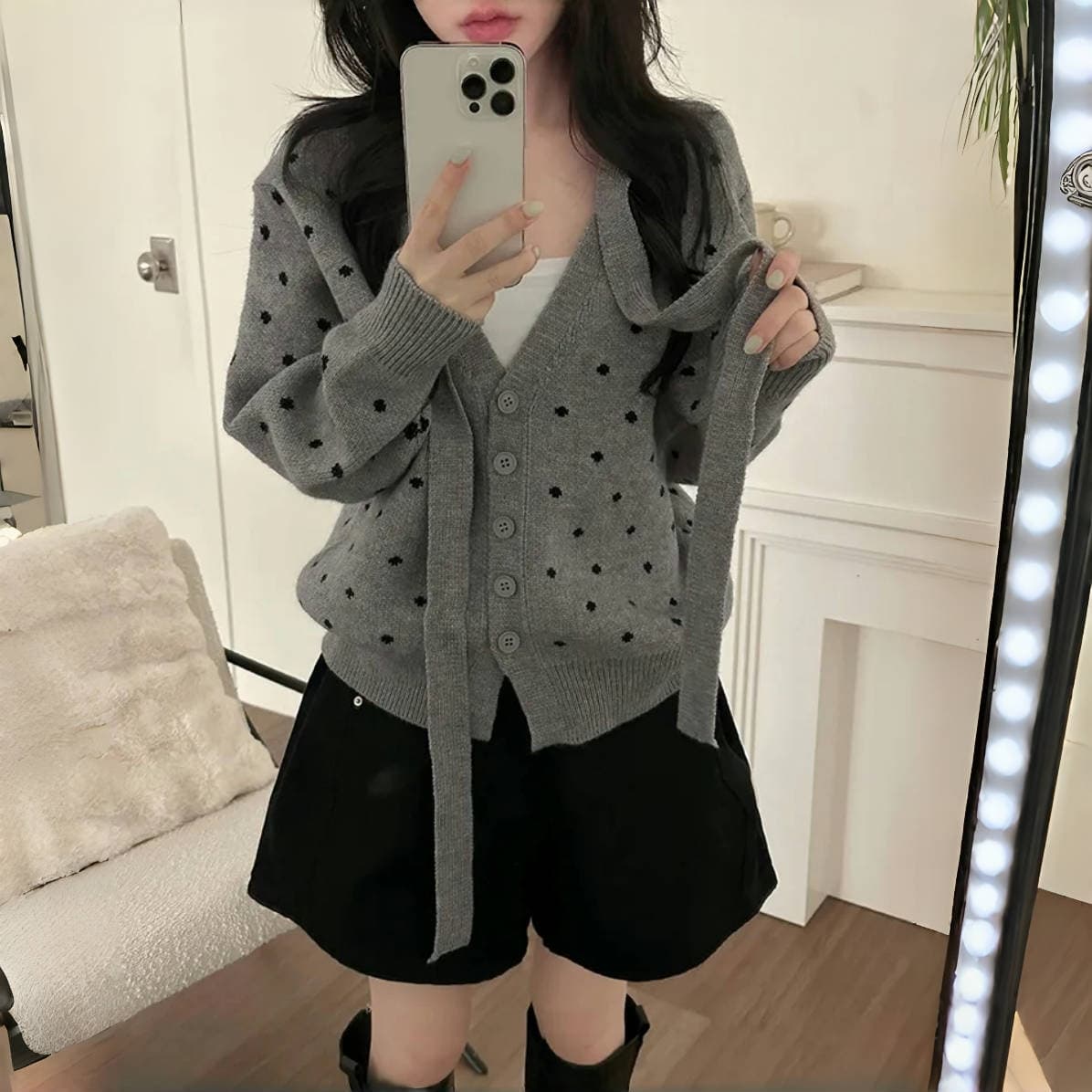 한국 스타일 chic 작은 대중 리본 도트 무늬 단추 루즈핏 라운드 넥 오픈 가디건 긴팔 스웨터 여자 상세 이미지 4