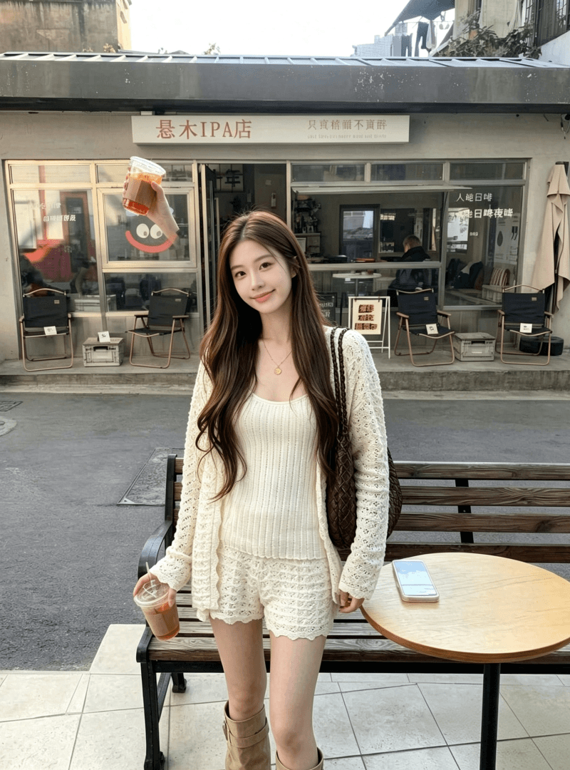 2026 캐주얼 세트 느긋한 다용도 긴팔 카디건 코트 행침 목 민소매 맨위 홀로우 아웃 반바지 3종 세트 상세 이미지 5