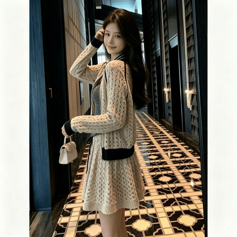 휴가 바람 홀로우 아웃 자수 니트 지퍼 오픈 가디건 미니 스커트 상세 이미지 3