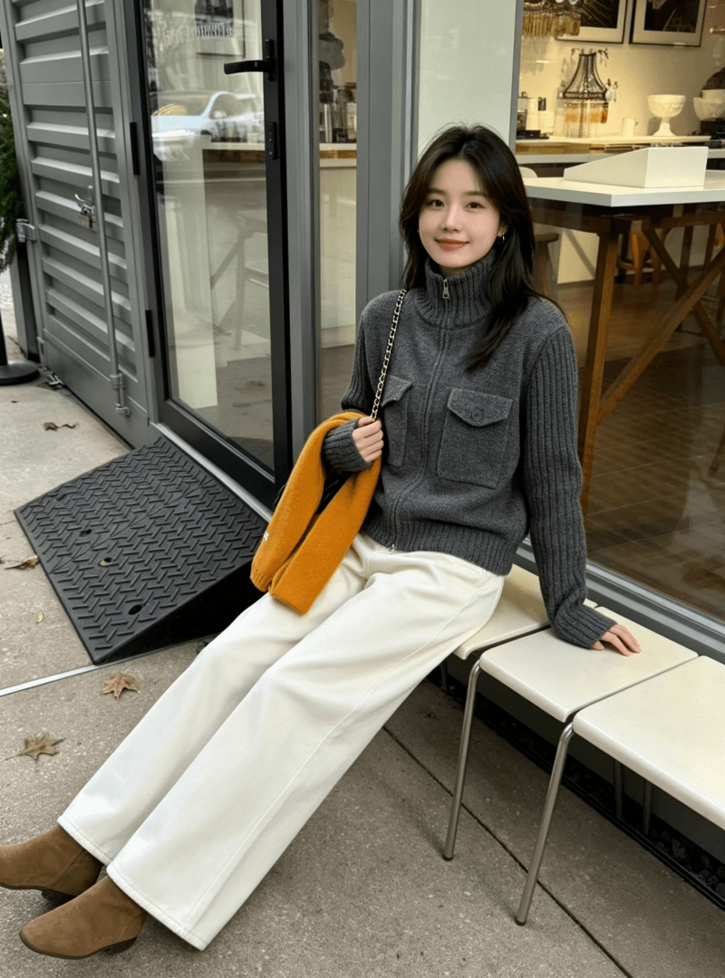 부드러운 찹쌀 진한 파란색 지퍼 니트 스웨터 여자 가을 겨울 루즈핏 디스플레이 화이트 슬림해 보이는 두꺼운 쇼트 스타일 재킷 맨위 상세 이미지 15