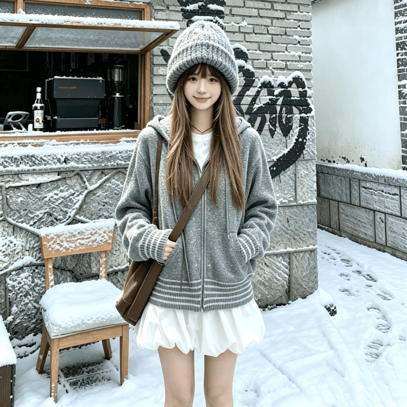 한국 chic 고대 조기 센스 레트로 스트라이프 도트 무늬 자카드 니트 재킷 랜턴 치마 자이언트 잘 생긴 루즈핏 3종 세트 이미지 4