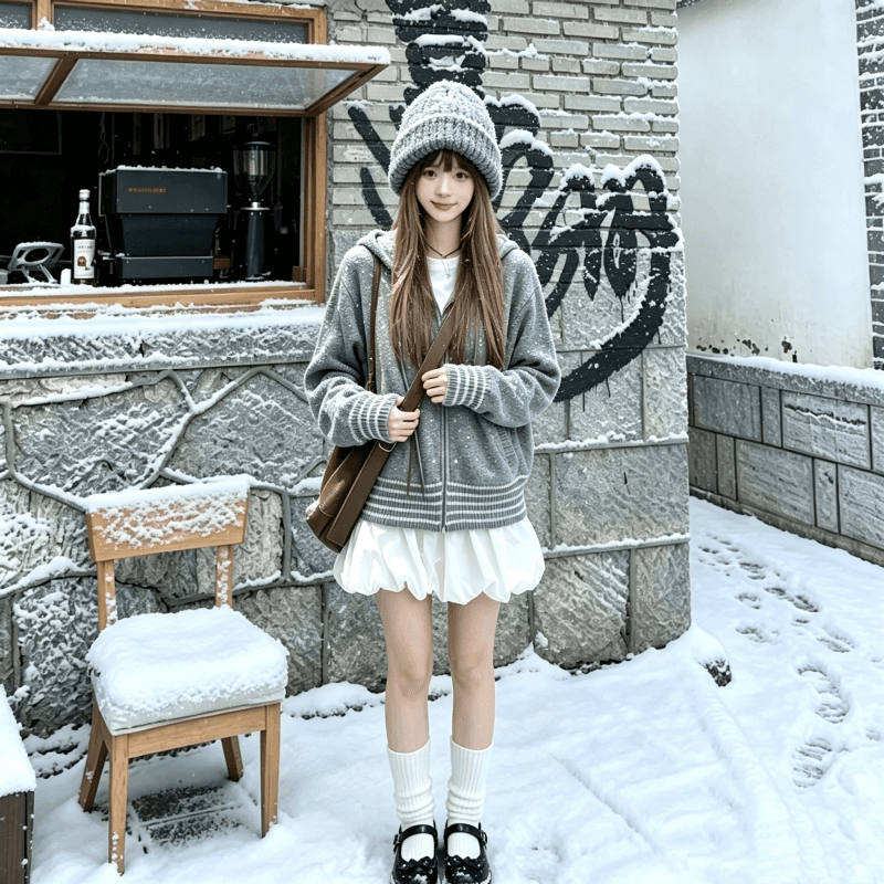 한국 chic 고대 조기 센스 레트로 스트라이프 도트 무늬 자카드 니트 재킷 랜턴 치마 자이언트 잘 생긴 루즈핏 3종 세트 상세 이미지 1