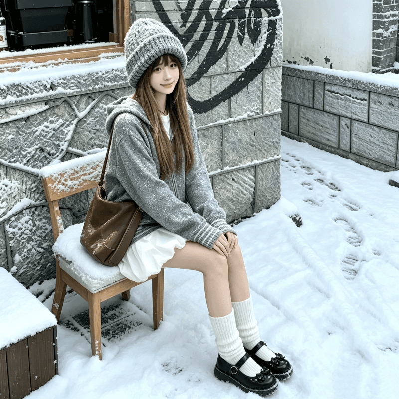 한국 chic 고대 조기 센스 레트로 스트라이프 도트 무늬 자카드 니트 재킷 랜턴 치마 자이언트 잘 생긴 루즈핏 3종 세트 상세 이미지 8