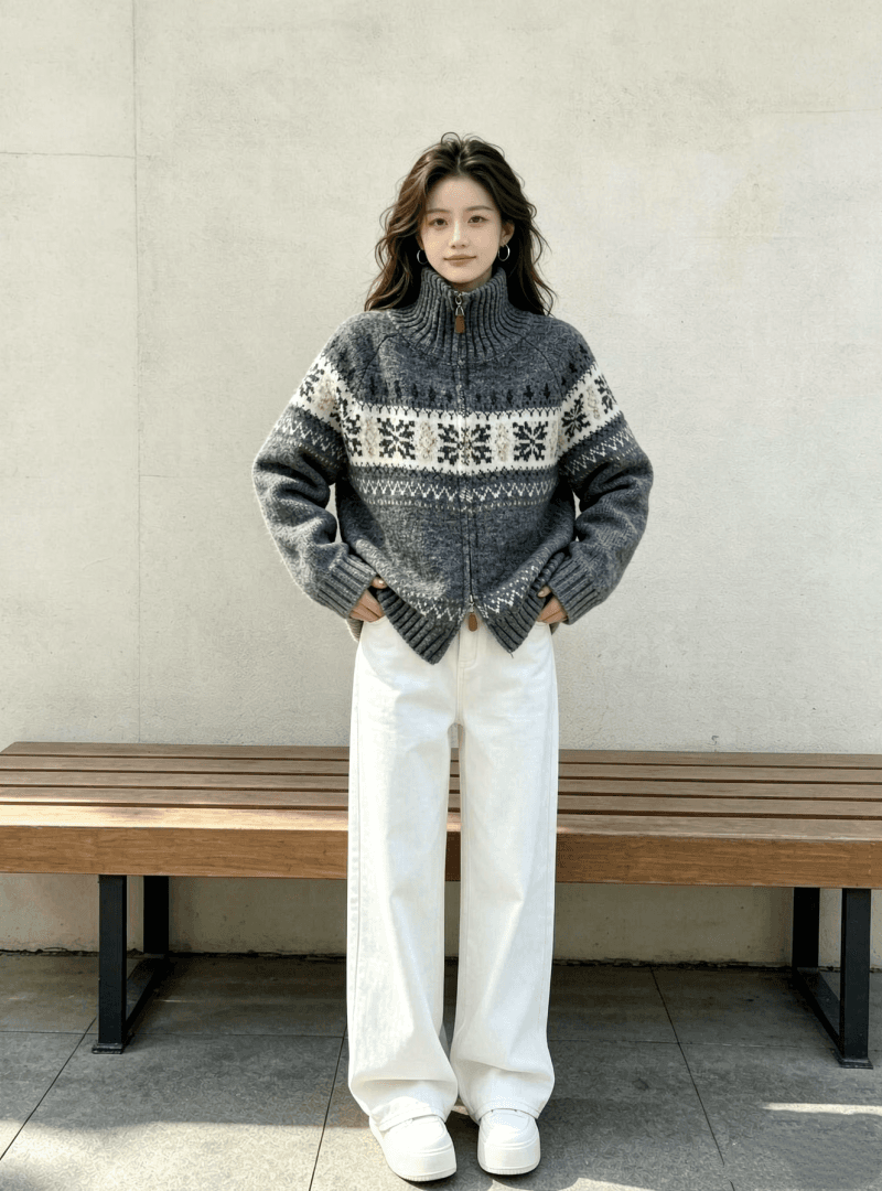 공정한 섬 자카드 지퍼 오픈 가디건 두꺼움 스웨터 여자 가을 겨울 한 부서 루즈핏 외출용 경기 화이트 청바지 3종 세트 상세 이미지 7