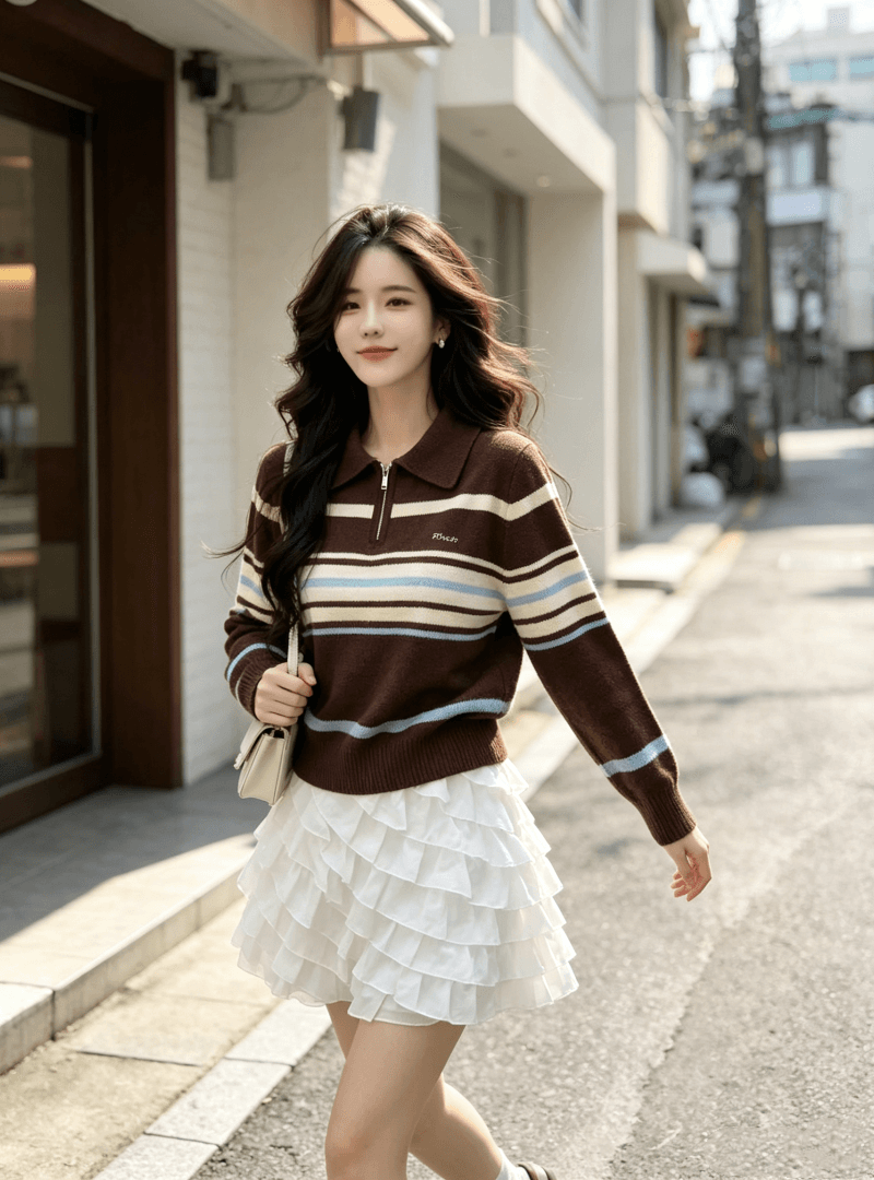 2026 가을 겨울 스웨터 학원 스타일 POLO 칼라 풀오버 스트라이프 니트 스웨터 여성 두꺼운 지퍼 폴로 칼라 스웨터 외출용 상세 이미지 11