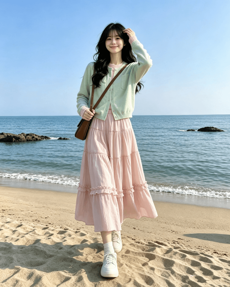 한 부서 달콤함 분말 녹색 디스플레이 화이트 페이크 레이어드 긴팔 니트 오픈 가디건 경기 핑크색 한 마디 반신 스커트 투피스 세트 이미지 2
