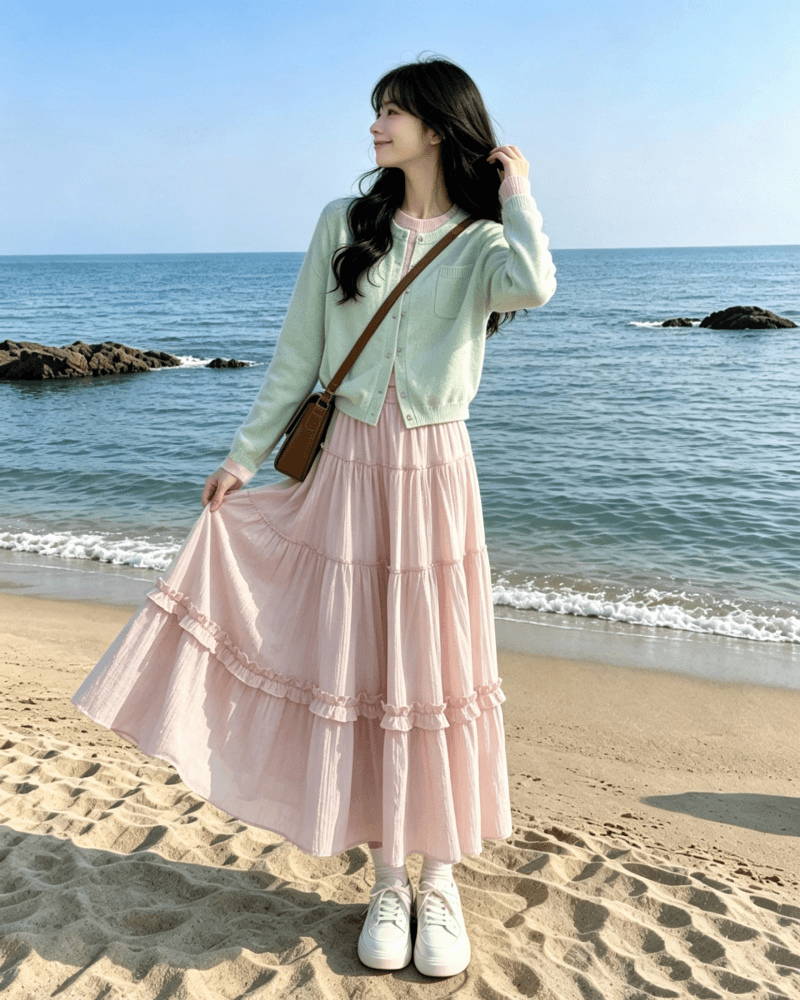 한 부서 달콤함 분말 녹색 디스플레이 화이트 페이크 레이어드 긴팔 니트 오픈 가디건 경기 핑크색 한 마디 반신 스커트 투피스 세트 이미지 4