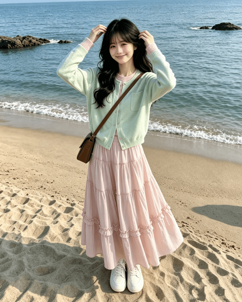 한 부서 달콤함 분말 녹색 디스플레이 화이트 페이크 레이어드 긴팔 니트 오픈 가디건 경기 핑크색 한 마디 반신 스커트 투피스 세트 상세 이미지 8