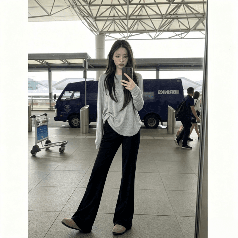 이른 가을 새로운 2026 코디 전체 집합 한국 스타일 자이언트 잘 생긴 밝은색 긴팔 맨위 여성 와이드 레그 팬츠 투피스 세트